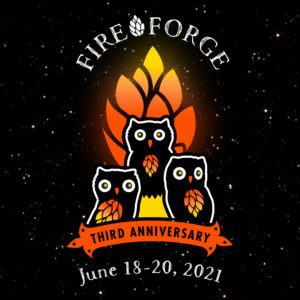 Fireforge 3rd Anniversary with hop cone and three owls